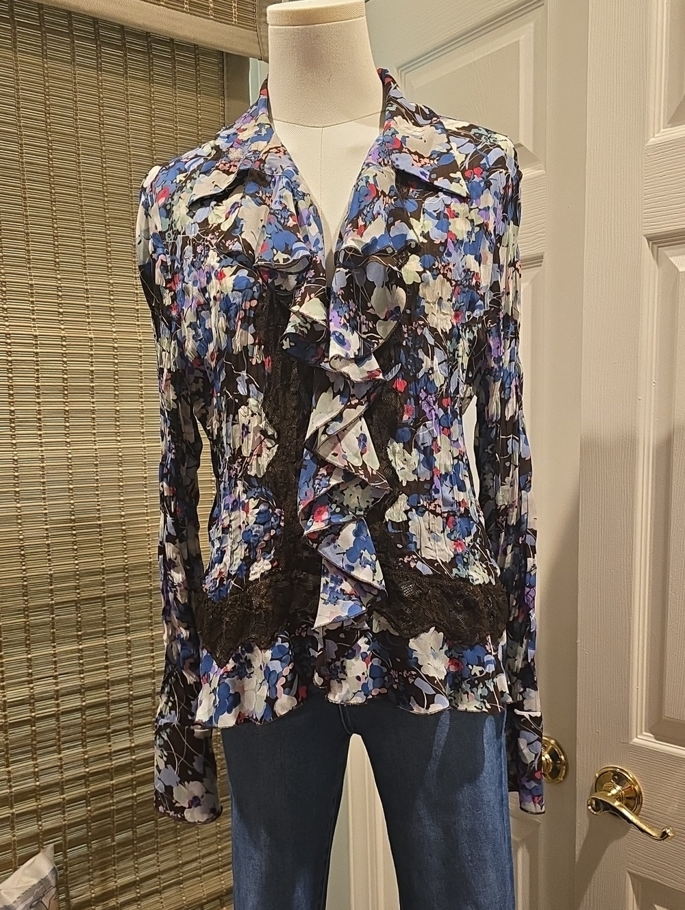 Allison Taylor Blue Black Floral Ruffle Blouse